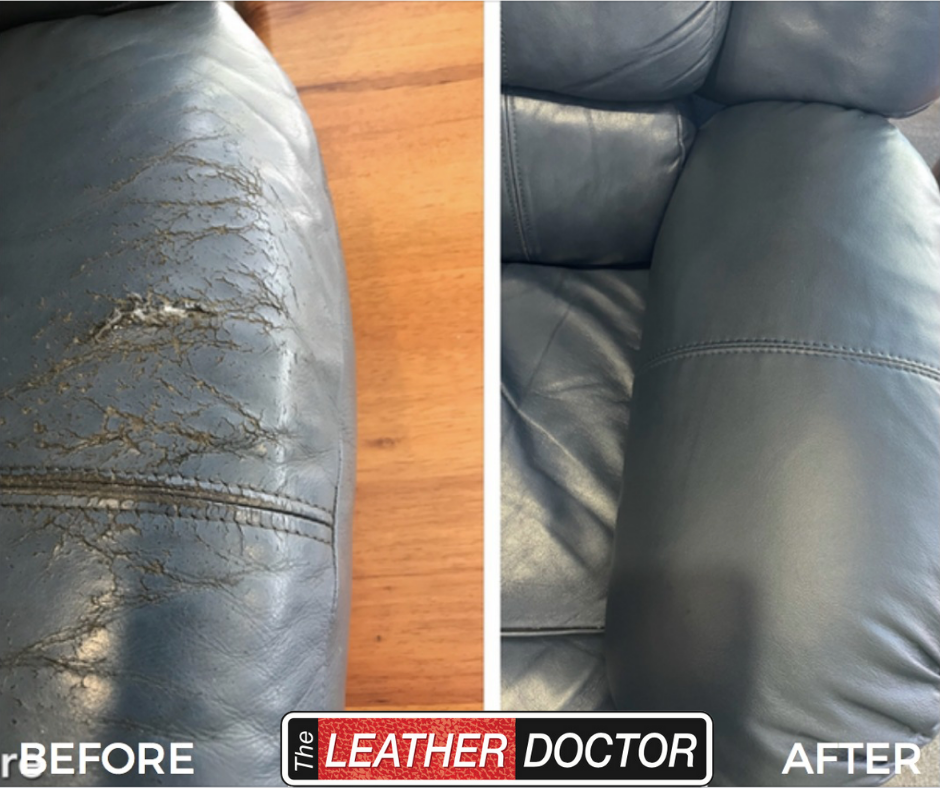 Grey Blue Leather Couch Arm Crack Repair